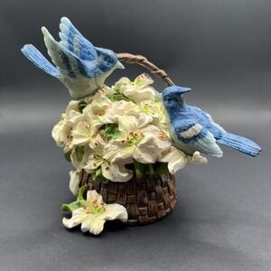 Collector's Edition Heritage House Music Box Basket of Flowers with Blue Jay Bir